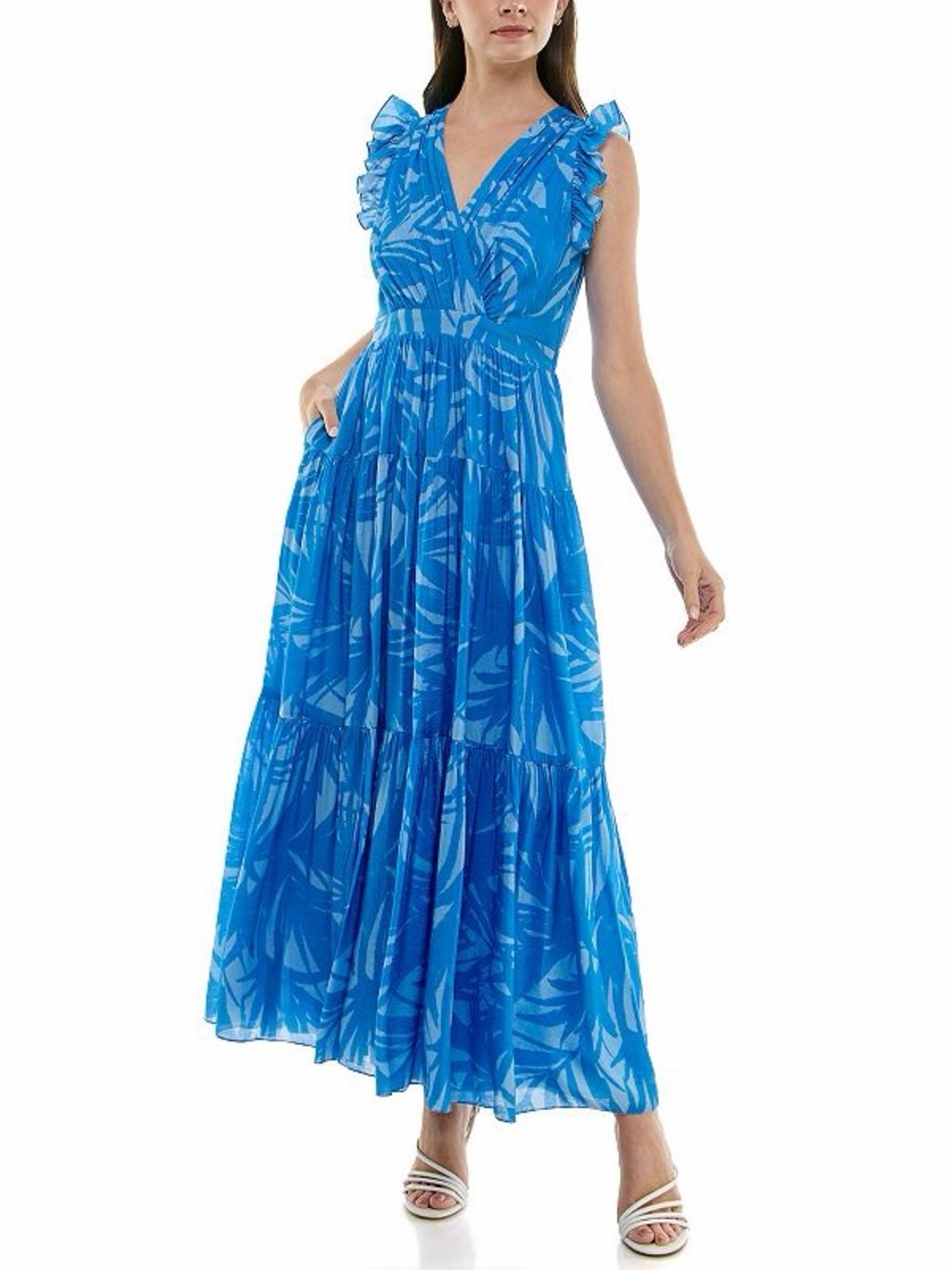 Taylor Blue Printed V-Neck Ruffle Tiered Maxi Dress Size 14 BNWT